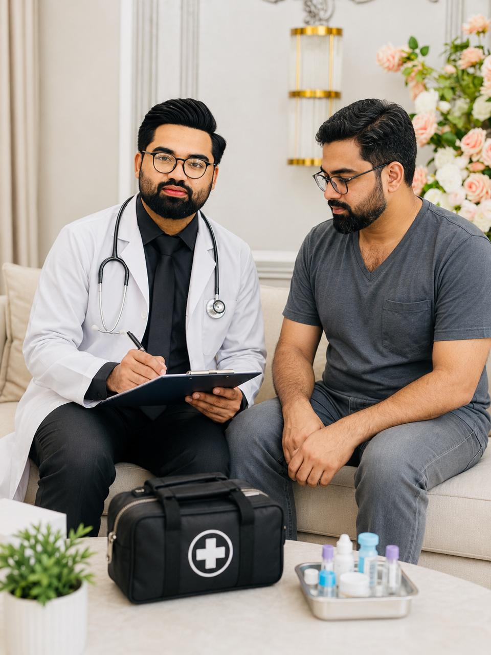 Doctor providing home visit consultation in Islamabad